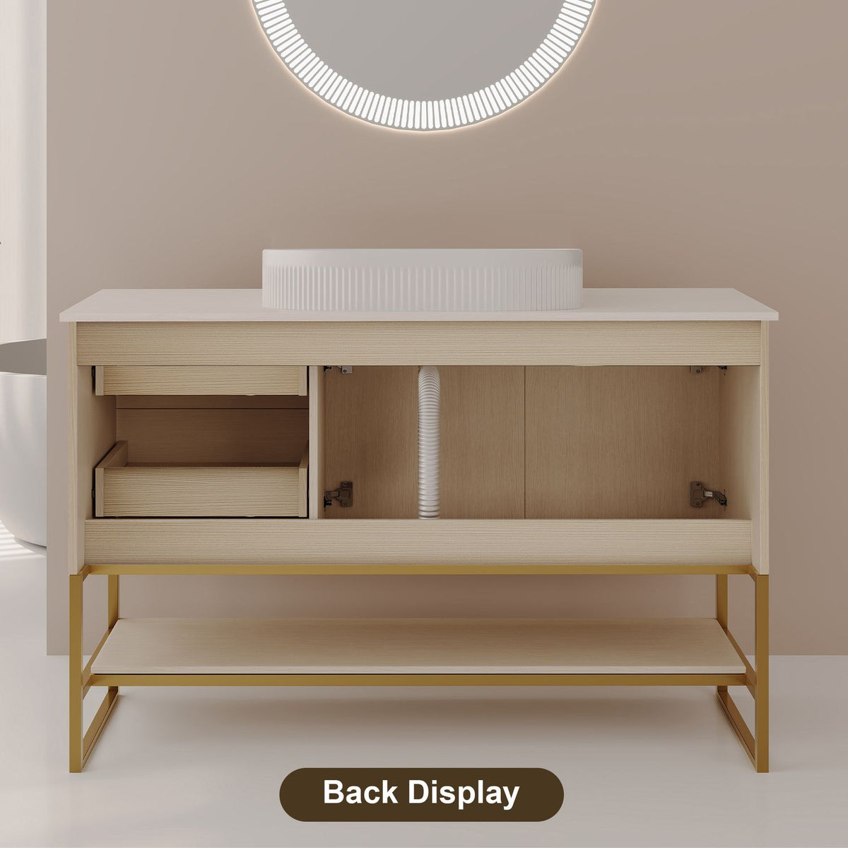 36 inch Freestanding White Oak Vanity Back Display Plumbing Cutout Structure