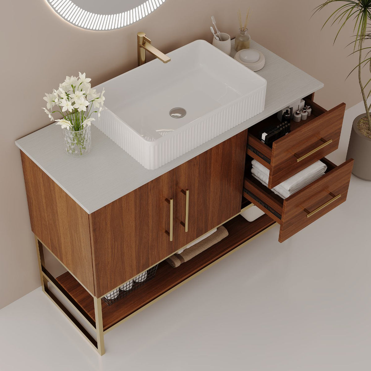 36 inch Freestanding Walnut Bathroom Vanity Cabinet Open Drawers Storage Space