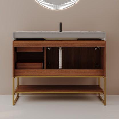 36 inch Freestanding Walnut Bathroom Vanity Rear View Open Back Plumbing Installation Cutout   