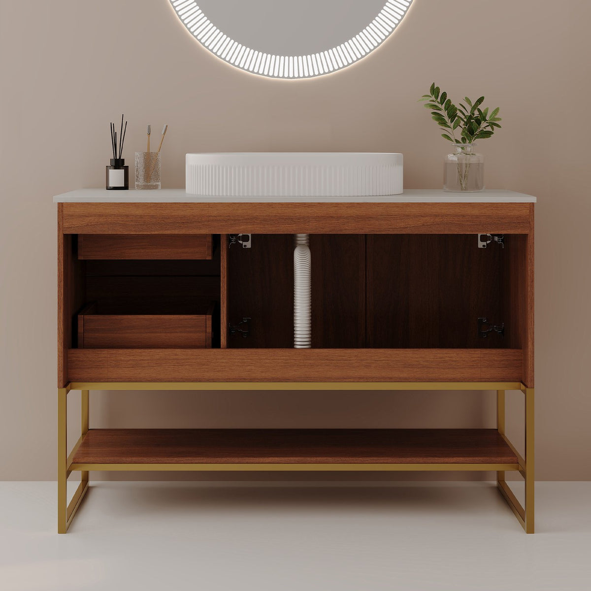 36 inch Freestanding Walnut Vanity Back Display Plumbing Cutout Structure