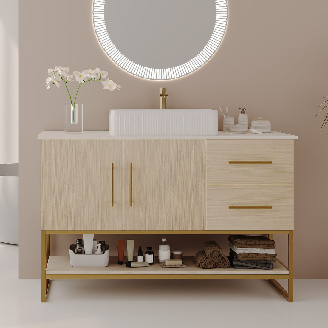 36 inch Freestanding White Oak Bathroom Vanity Straight Front View