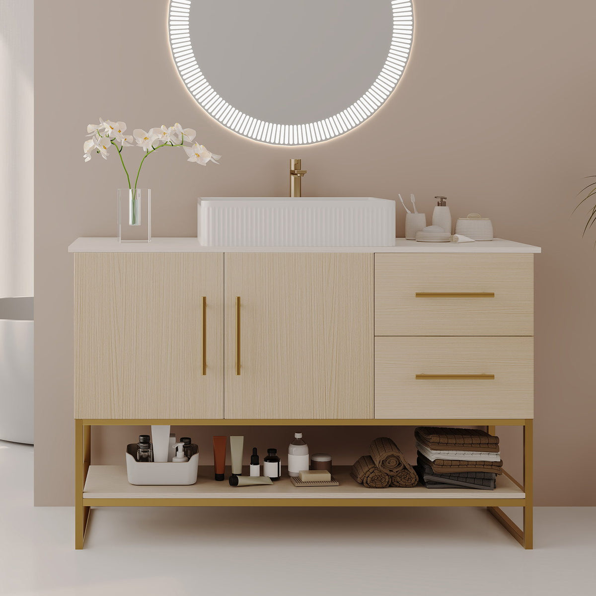 36 inch Freestanding White Oak Bathroom Vanity Straight Front View
