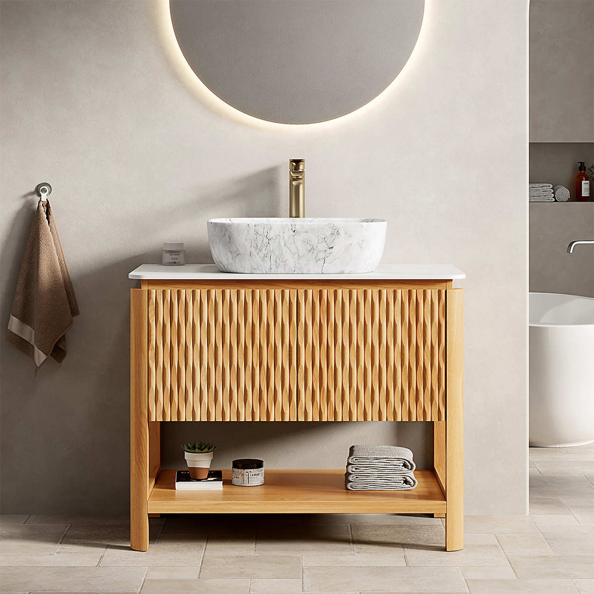 36 inch Freestanding White Oak Fluted Bathroom Vanity with Marble Ceramic Vessel Sink and Open Storage Shelf