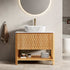 36 inch Freestanding White Oak Fluted Bathroom Vanity with Marble Ceramic Vessel Sink and Open Storage Shelf