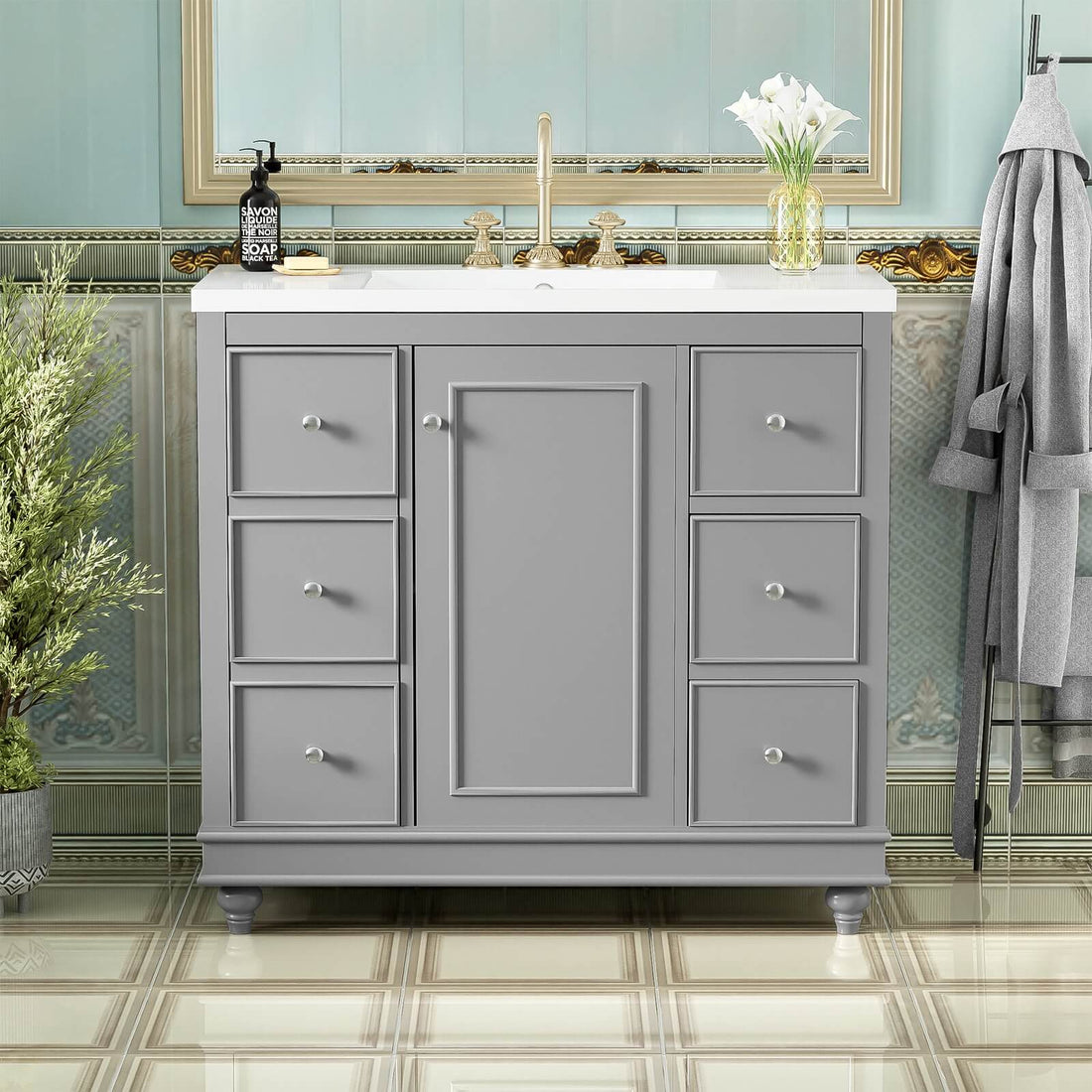 36 inch Gray Bathroom Vanity with Hair Dryer Storage
