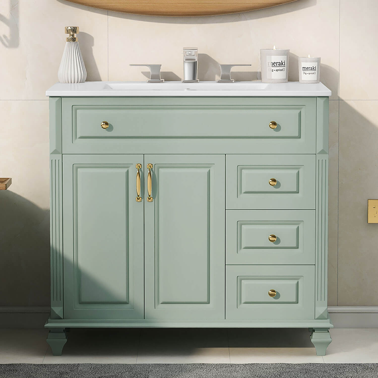36 inch Green Bathroom Storage Vanity with Ceramic Basin