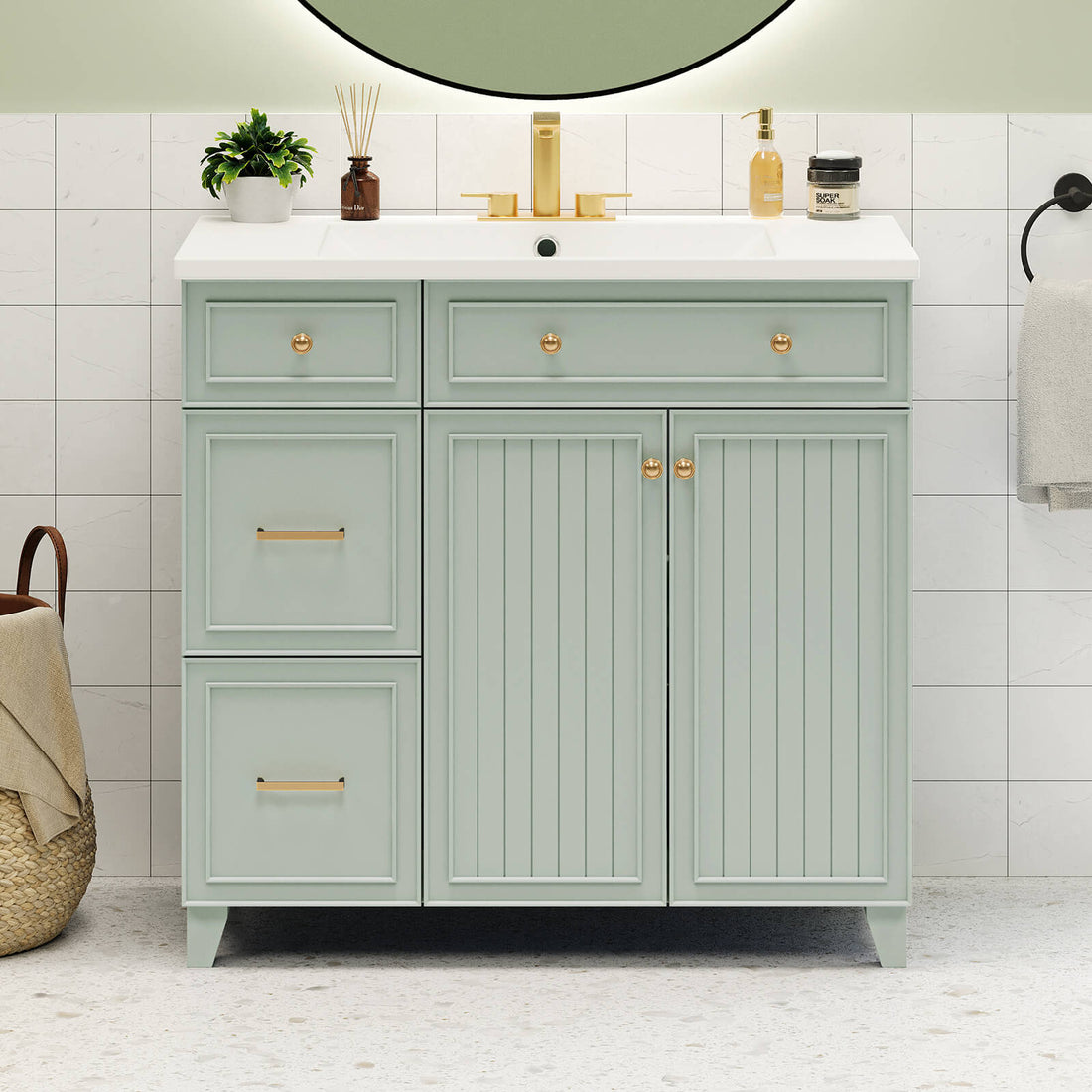 36 inch Light Gray-Green Bathroom Vanity with Adjustable Shelves