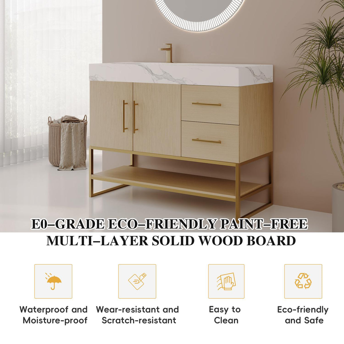 36 inch Light Oak Freestanding Vanity E0 Grade Multi Layer Solid Wood Waterproof Board