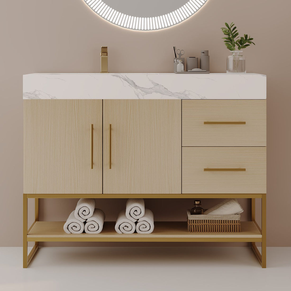 36 inch Light Oak Modern Bathroom Vanity Left Offset Ceramic Sink Front View