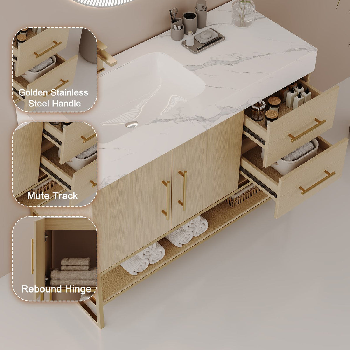 36 inch Light Oak Vanity Hardware Features Gold Handles Mute Track Rebound Hinge