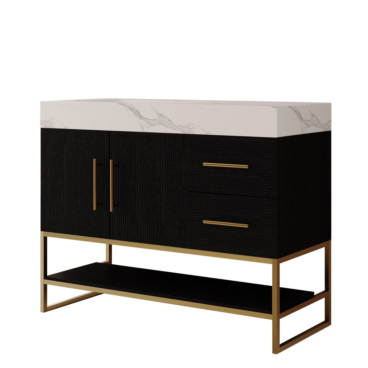36 inch Matte Black Vanity Studio Render White Background Left Side Sink Gold Base