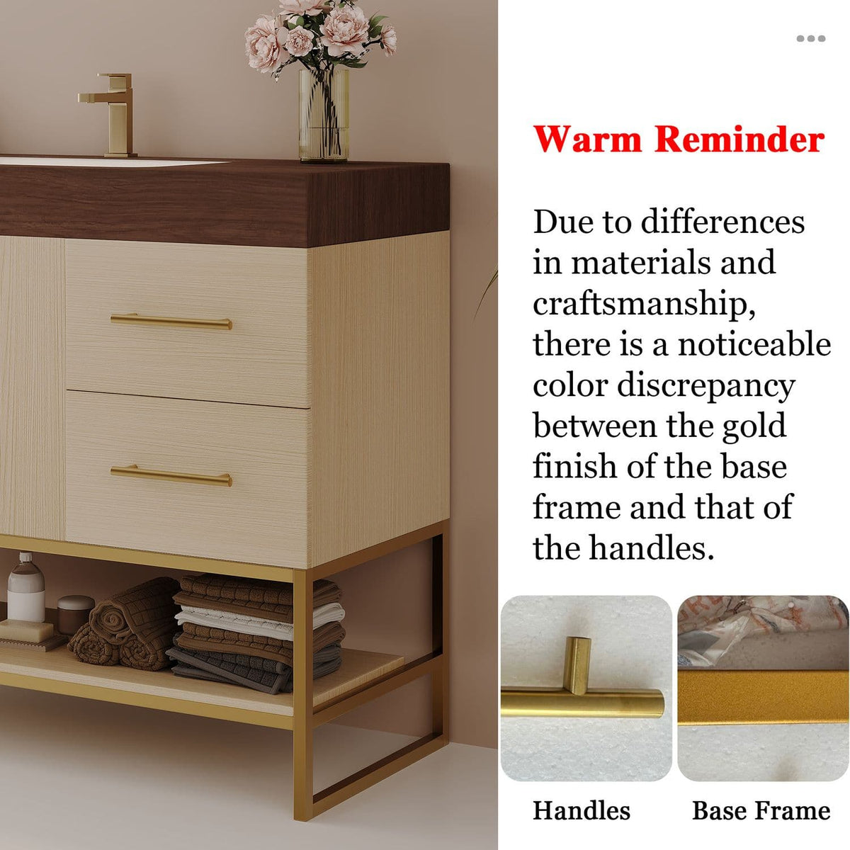36 inch Modern Bathroom Vanity Gold Handles Base Frame Finish Color Detail