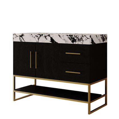 36 inch Modern Black Freestanding Vanity Studio Render White Background Faux Marble Top Gold Base