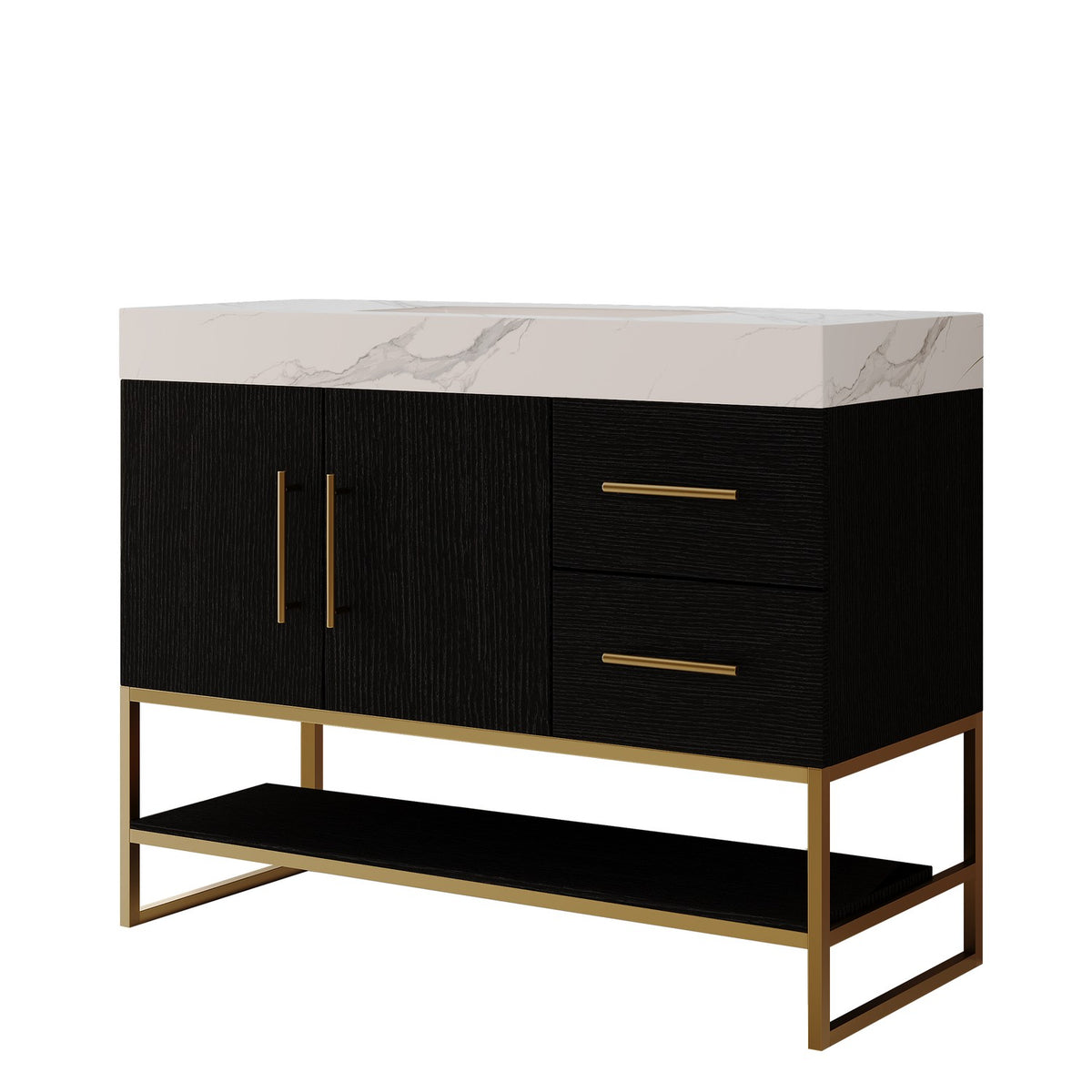 36 inch Modern Black Vanity Studio Render Isolated View Faux Marble Top Gold Base Shelf   
