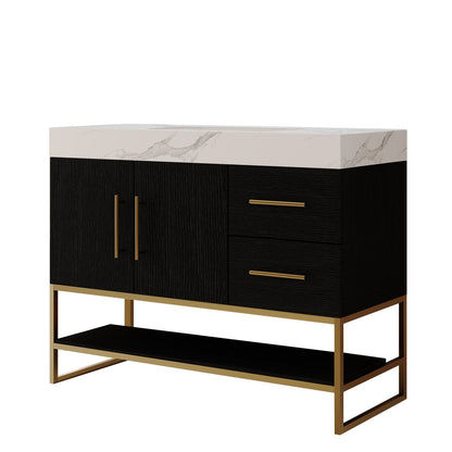 36 inch Modern Black Vanity Studio Render Isolated View Faux Marble Top Gold Base Shelf   