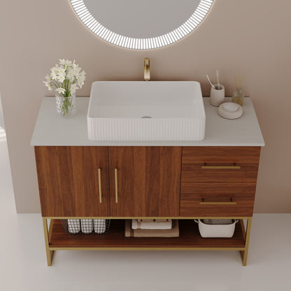 36 inch Modern Walnut Freestanding Bathroom Vanity Front View Rectangular Vessel Sink