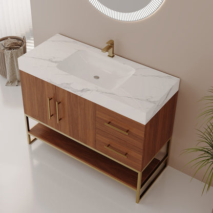 36 inch Modern Walnut Single Sink Vanity White Sintered Stone Countertop Overhead Perspective View   