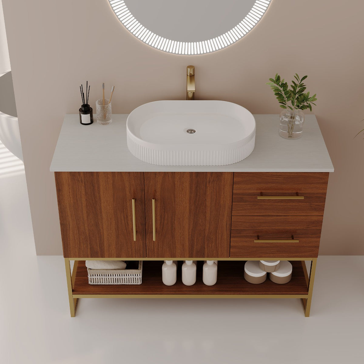 36 inch Modern Walnut Solid Wood Vanity Top Front High Angle View