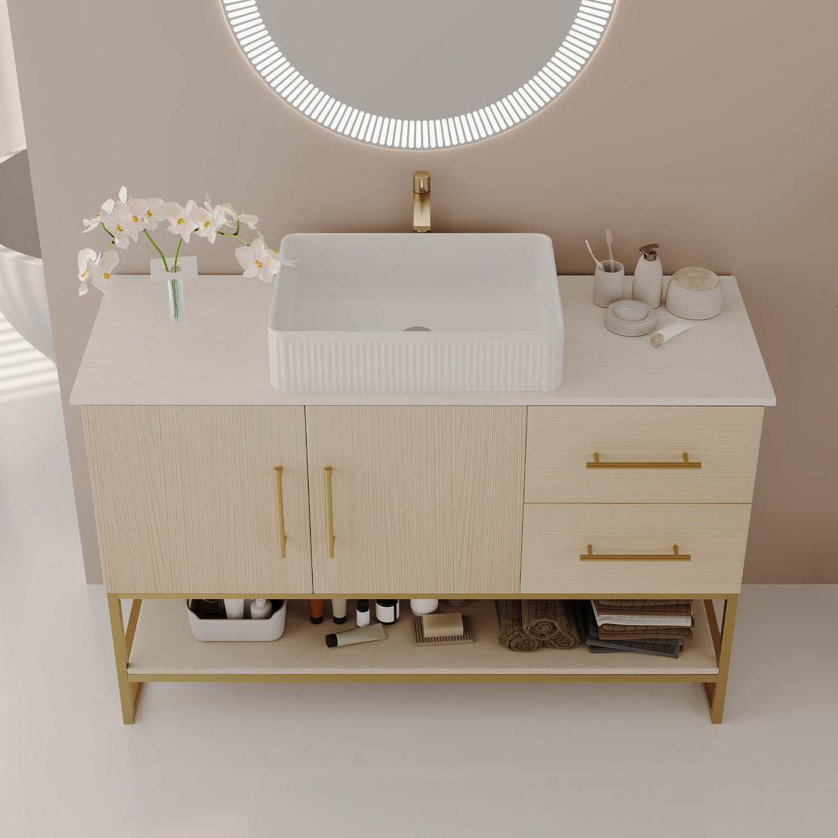36 inch Modern White Oak Solid Wood Vanity Top Front High Angle View
