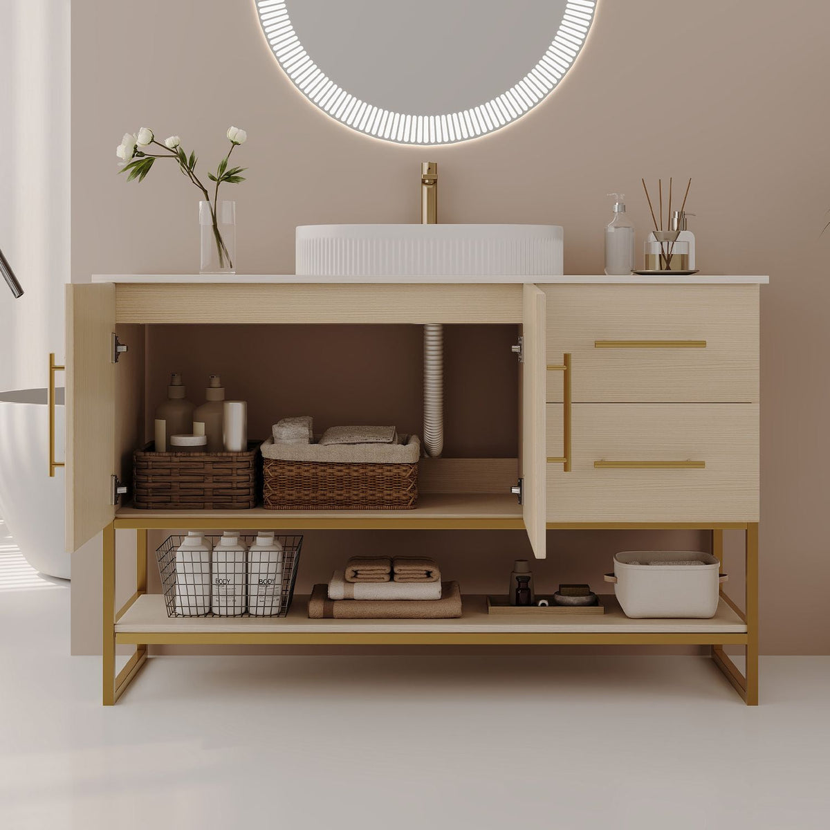 36 inch Modern White Oak Vanity Open Doors Drain Pipe Front View