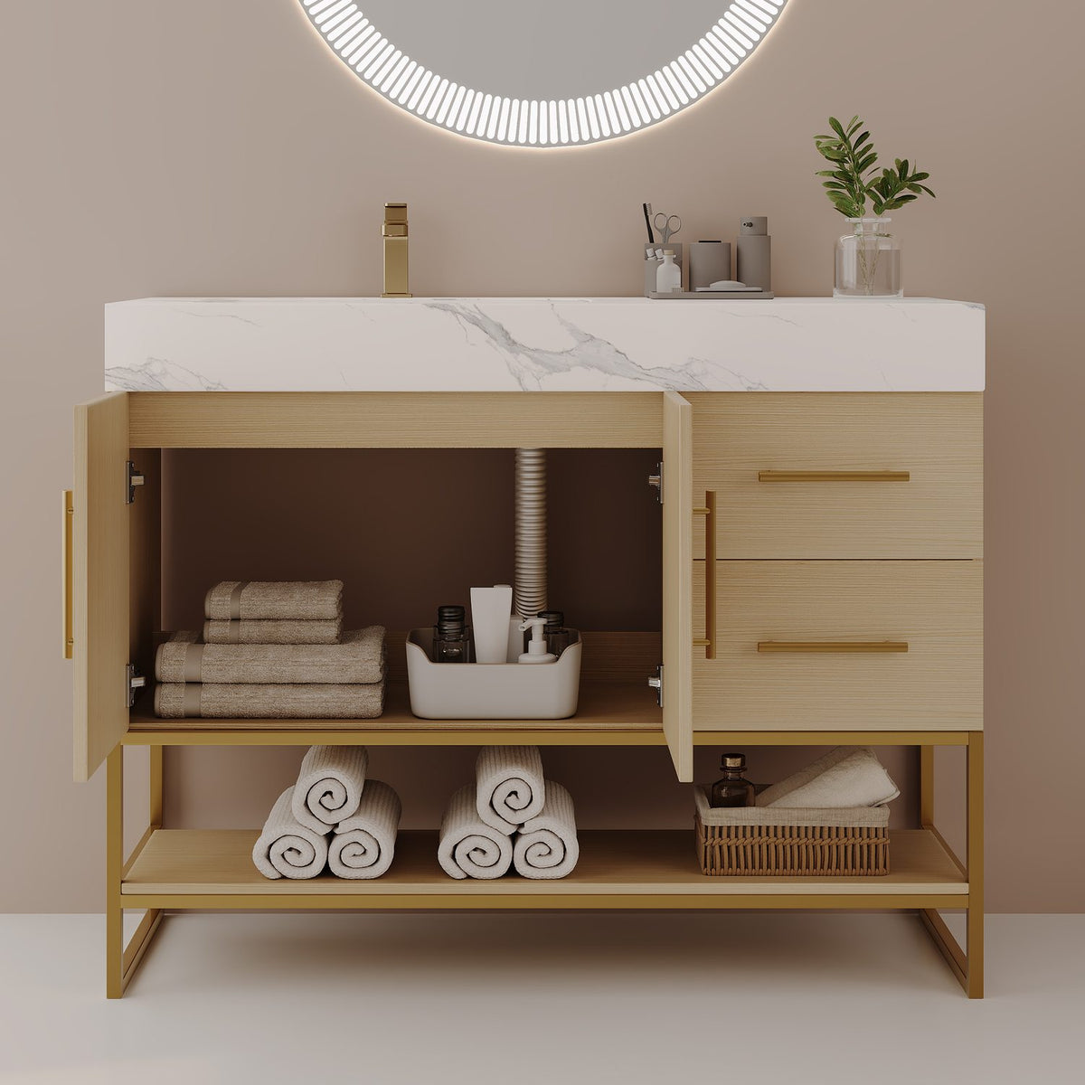36 inch Natural Oak Bathroom Vanity Left Offset Sink Open Cabinet Doors Interior