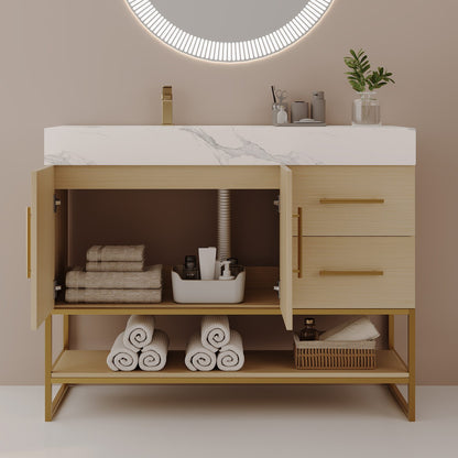 36 inch Natural Oak Bathroom Vanity Left Offset Sink Open Cabinet Doors Interior