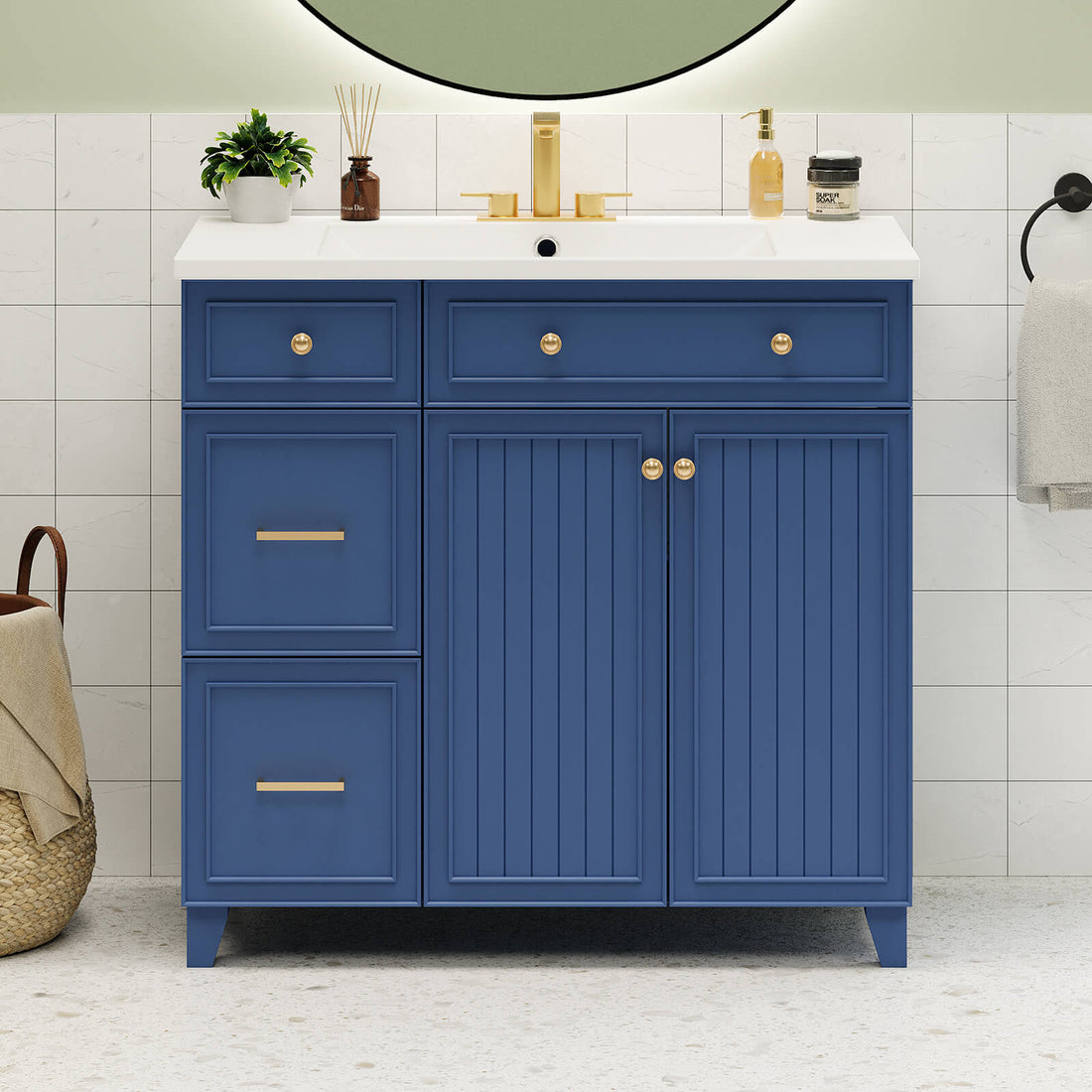 36 inch Navy Blue Bathroom Vanity with Adjustable Shelves