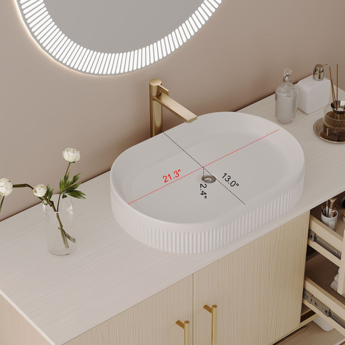 36 inch Oval Ceramic Vessel Sink Top High Angle Fluted Basin Dimensions