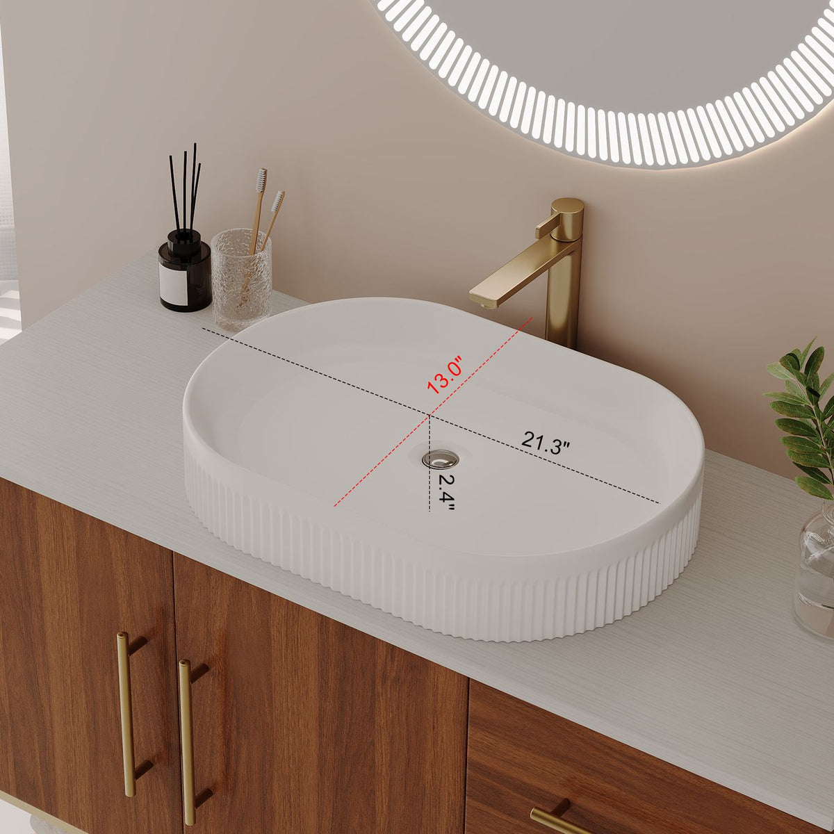 36 inch Oval Ceramic Vessel Sink Top View Fluted Edge Basin Dimensions