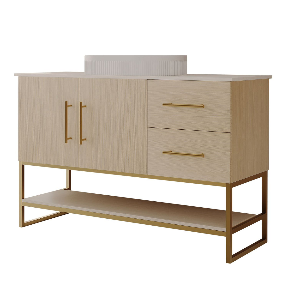 36 inch Solid Wood White Oak Bathroom Vanity Gold Handles Studio Cutout