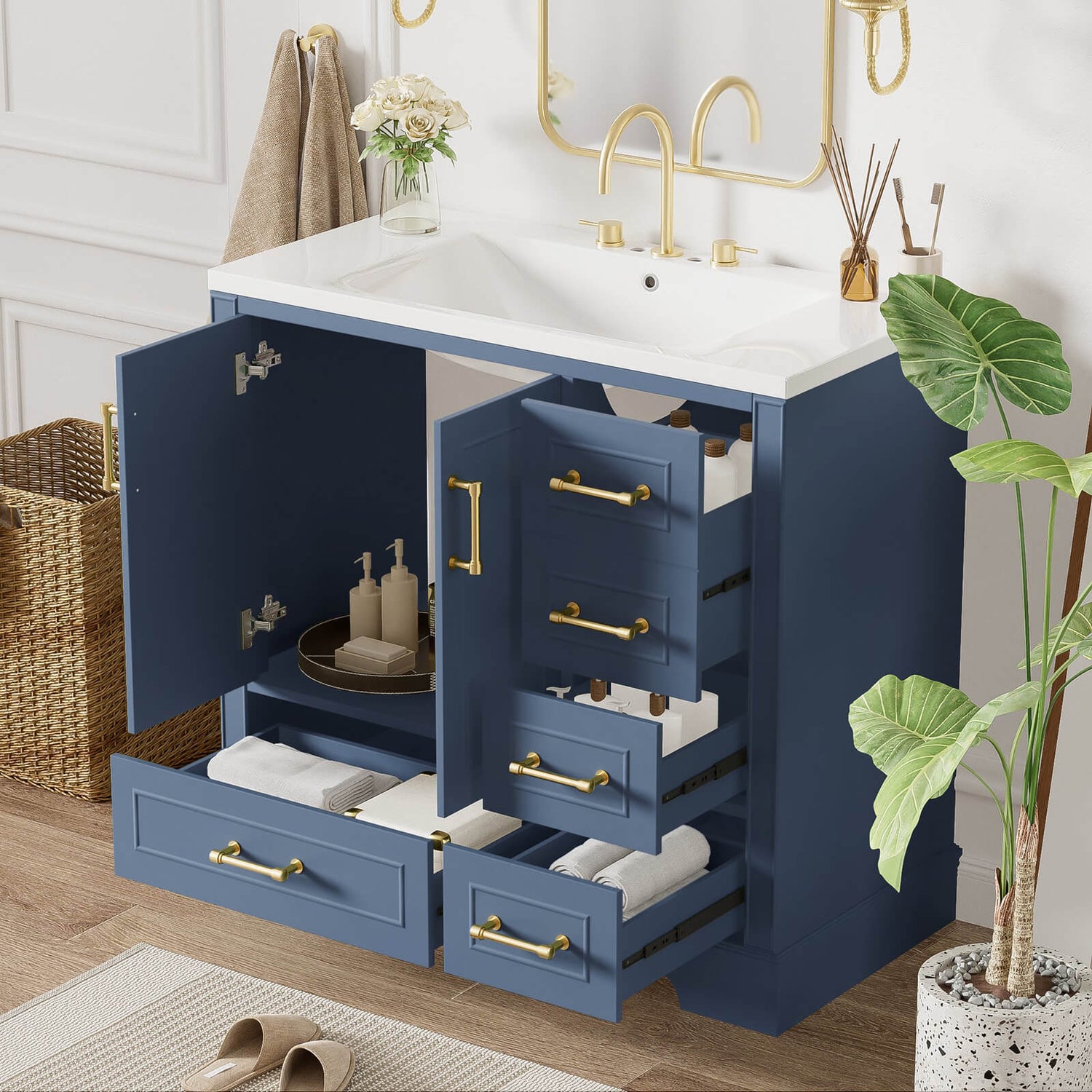 36 inch Traditional Blue Bathroom Vanity with Resin Sink