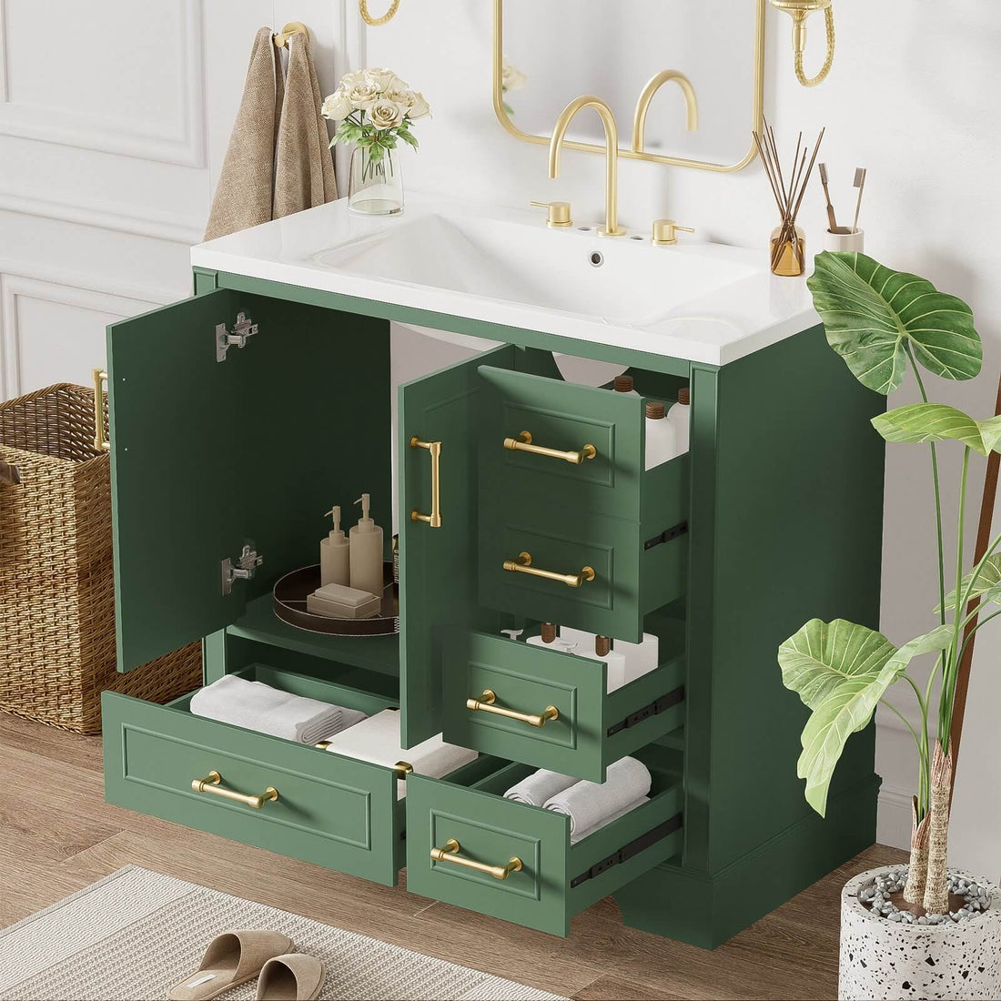 36 inch Traditional Green Bathroom Vanity with Resin Sink