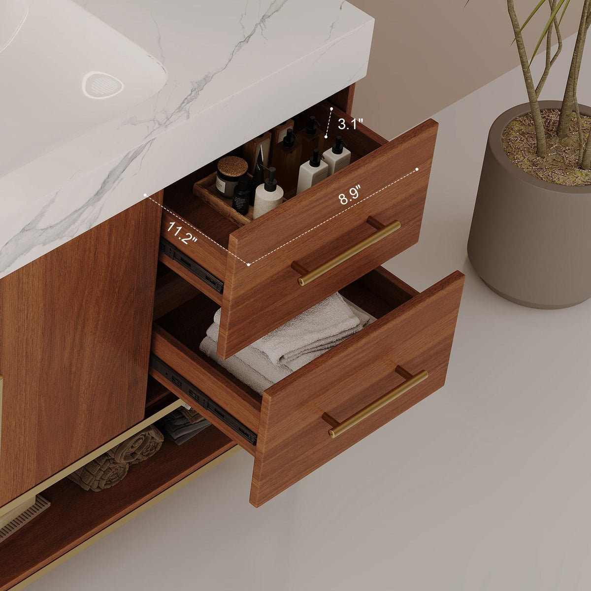 36 inch Walnut Bath Vanity Drawer Interior Dimensions Size Storage Capacity Measurement Detail   