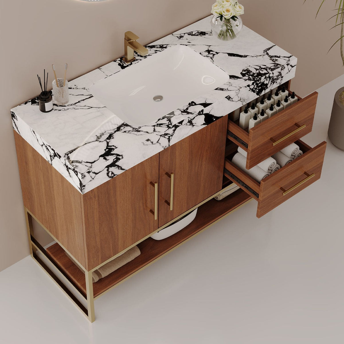 36 inch Walnut Bath Vanity Open Double Drawers Storage Capacity Organization