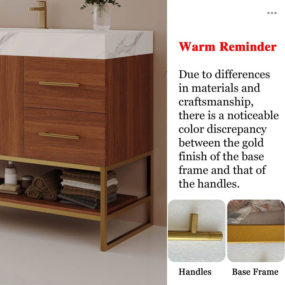 36 inch Walnut Bath Vanity Warm Reminder Gold Finish Discrepancy Between Base Frame and Handles