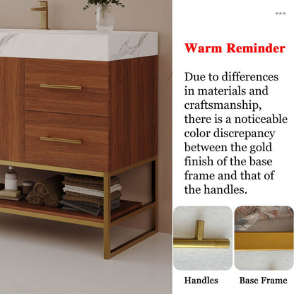 36 inch Walnut Bath Vanity Warm Reminder Gold Finish Discrepancy Between Base Frame and Handles
