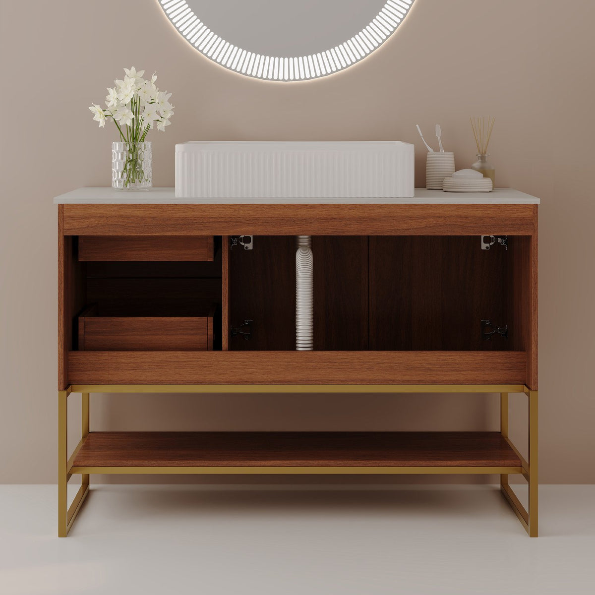 36 inch Walnut Bathroom Vanity Back Display Plumbing Drain Pipe Cutout Structure