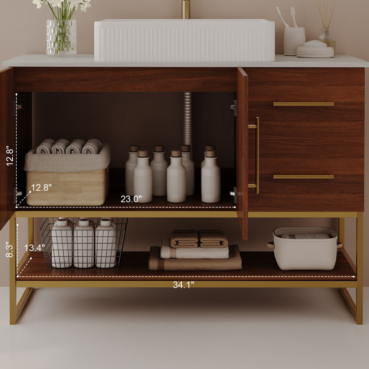 36 inch Walnut Bathroom Vanity Cabinet Interior Storage and Bottom Shelf Dimensions Breakdown