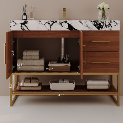36 inch Walnut Bathroom Vanity Cabinet Interior Storage and Open Shelf Measurement Diagram
