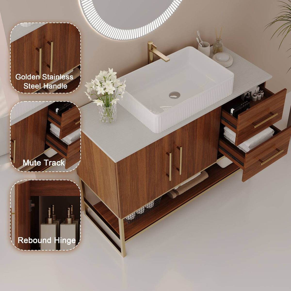 36 inch Walnut Bathroom Vanity Cabinet Stainless Steel Handles Soft Close Tracks Rebound Hinges