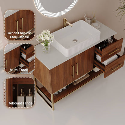 36 inch Walnut Bathroom Vanity Cabinet Stainless Steel Handles Soft Close Tracks Rebound Hinges