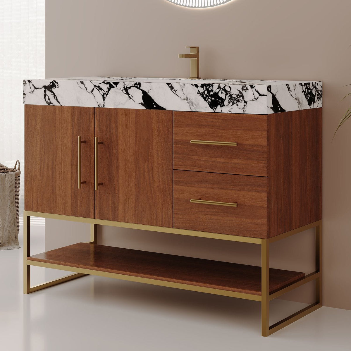 36 inch Walnut Bathroom Vanity Faux Marble Countertop Gold Metal Frame Modern Design