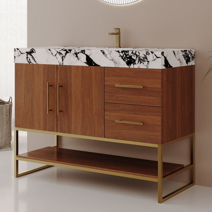 36 inch Walnut Bathroom Vanity Faux Marble Countertop Gold Metal Frame Modern Design