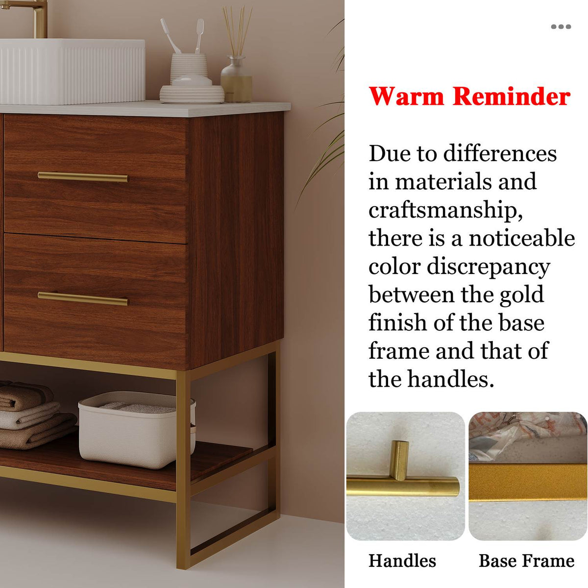 36 inch Walnut Bathroom Vanity Gold Finish Base Frame and Stainless Steel Handles Color Discrepancy