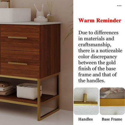 36 inch Walnut Bathroom Vanity Gold Finish Base Frame and Stainless Steel Handles Color Discrepancy