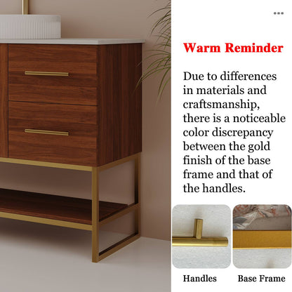 36 inch Walnut Bathroom Vanity Gold Frame Handles Color Variance Notice