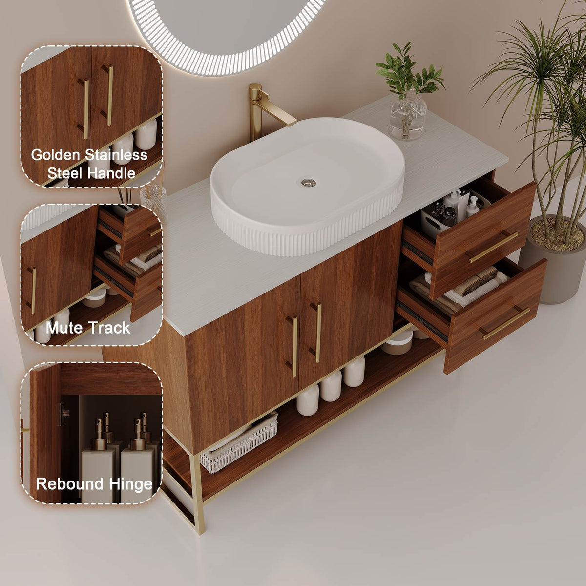 36 inch Walnut Bathroom Vanity Gold Stainless Handles Mute Track Hinges