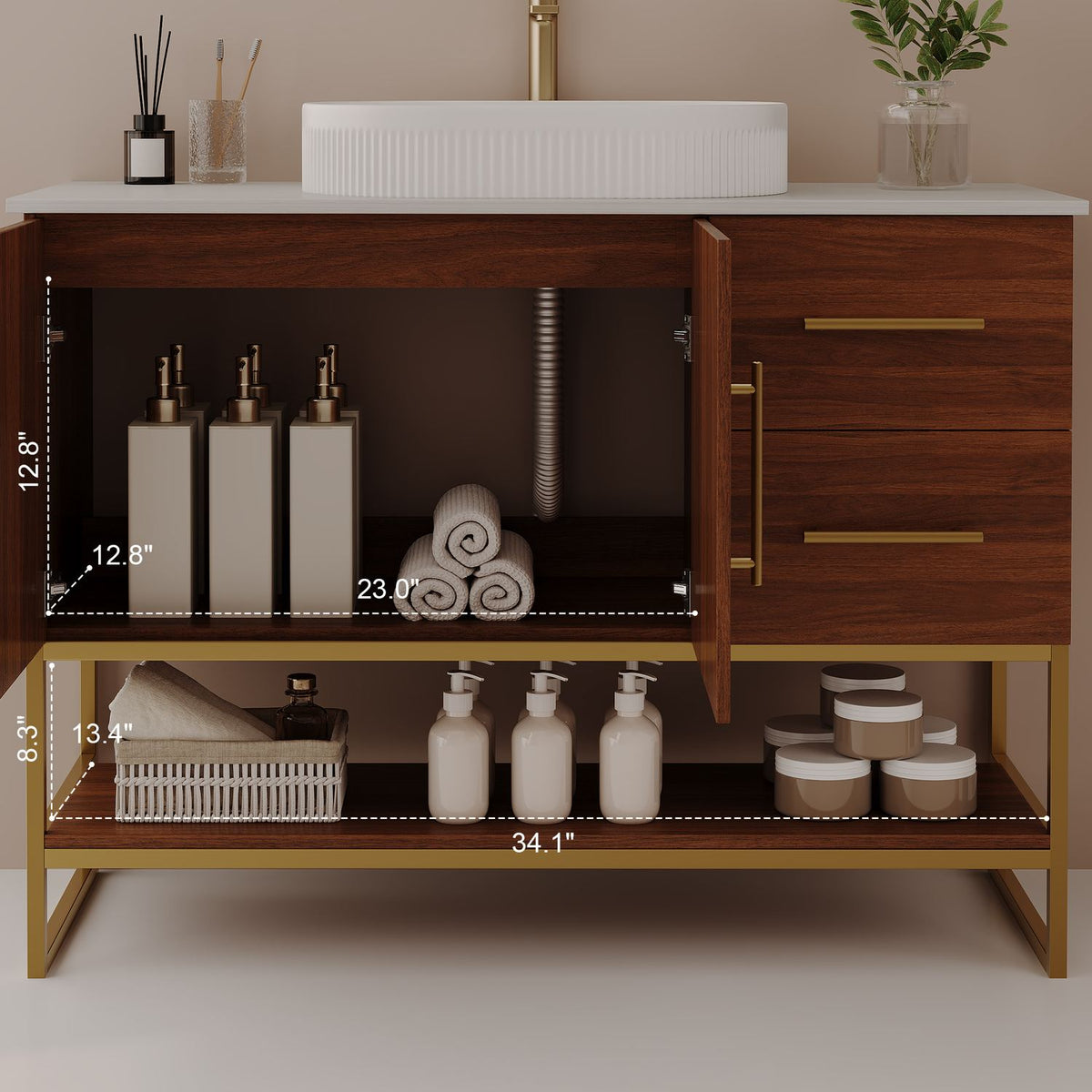 36 inch Walnut Bathroom Vanity Interior Cabinet Open Storage Space Dimensions