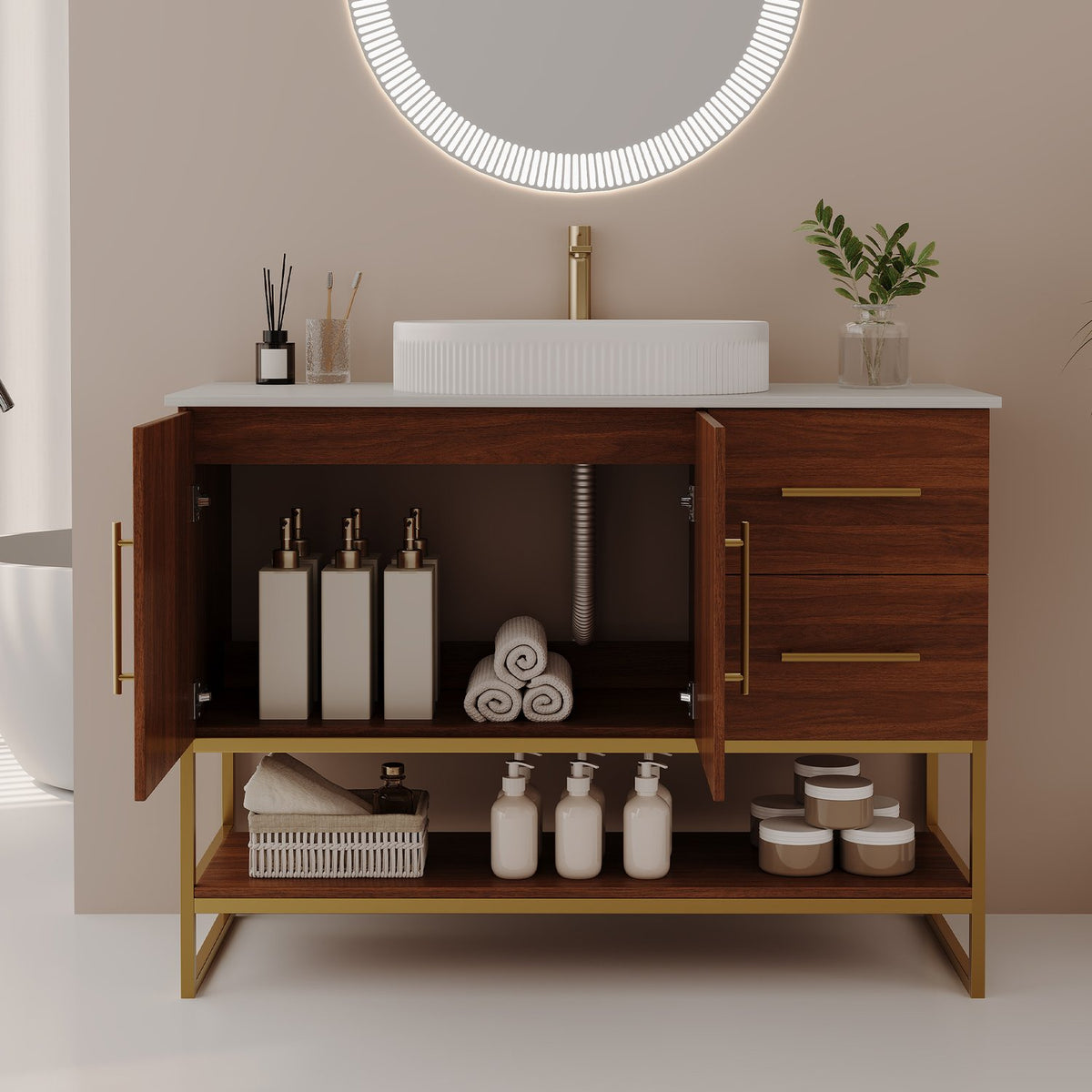 36 inch Walnut Bathroom Vanity Open Doors Drain Pipe Interior View