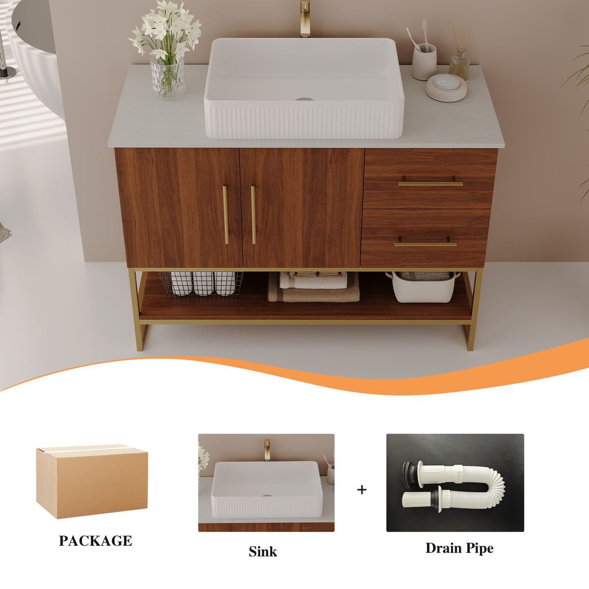 36 inch Walnut Bathroom Vanity Packaging Ceramic Vessel Sink Flexible Drain Pipe Set